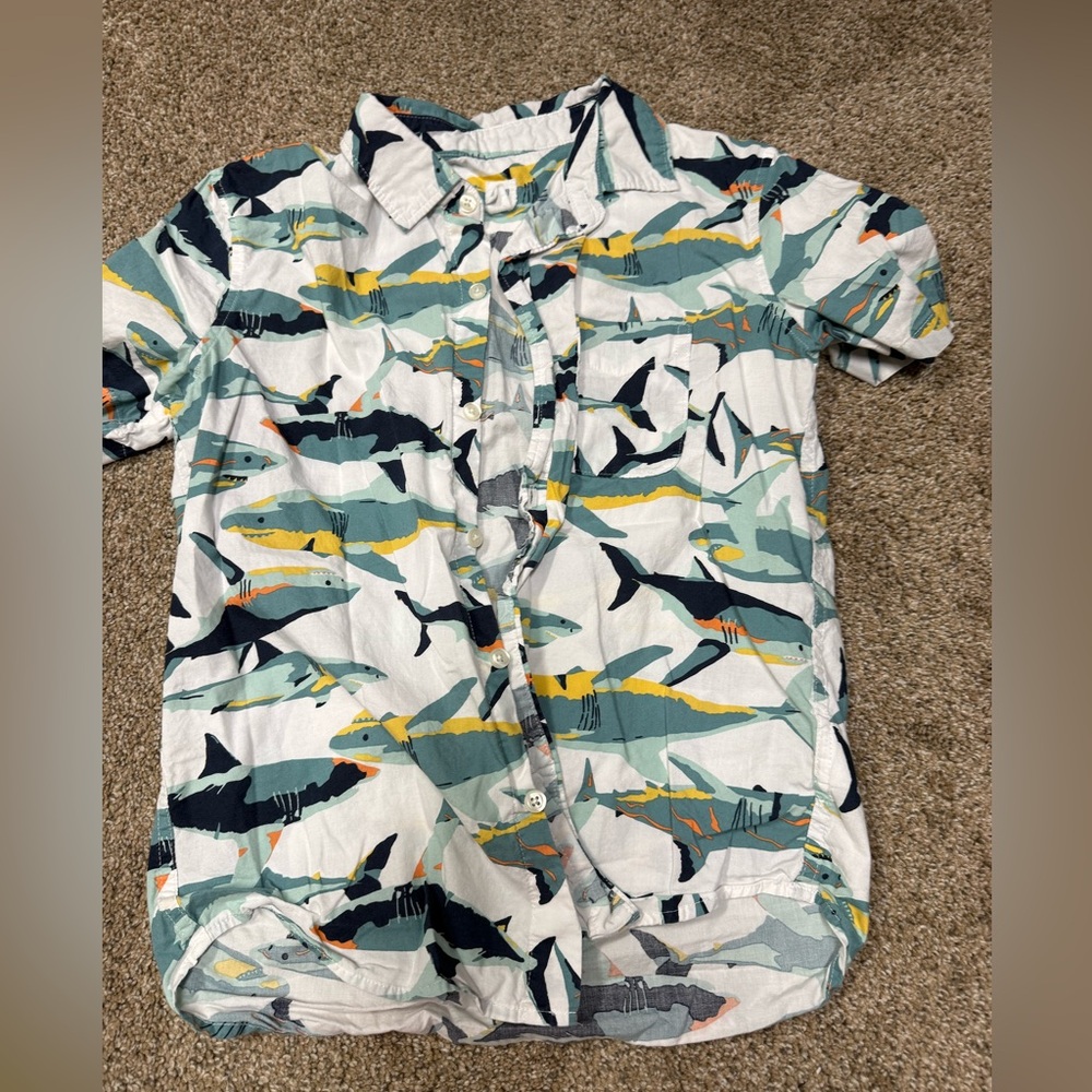 GAP Boys White Button-Down Shirt with Blue, Teal & Yellow Shark Print